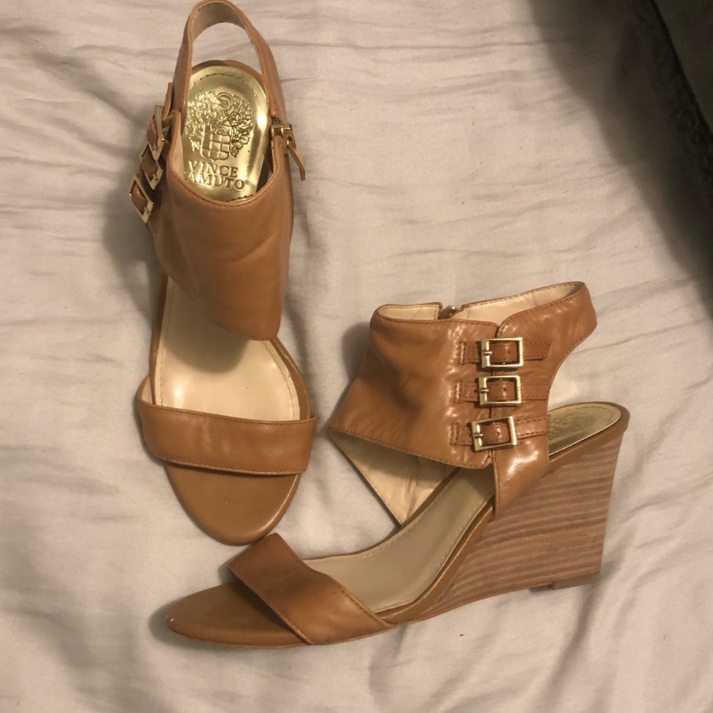 Camel colored leather wedges with ankle strap